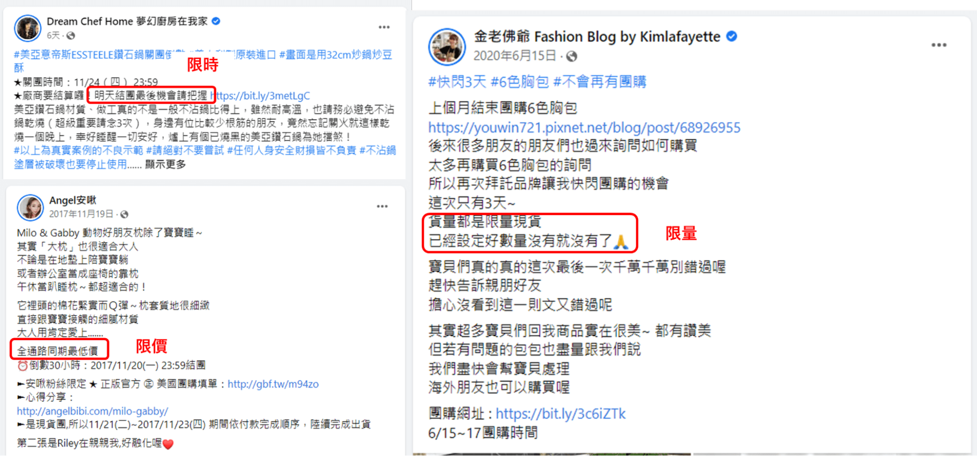 「限時」、「限量」、「限價」是團購能快速吸引消費者的三大要素。（資料來源：夢幻廚房在我家、金老佛爺、Angel安啾）
