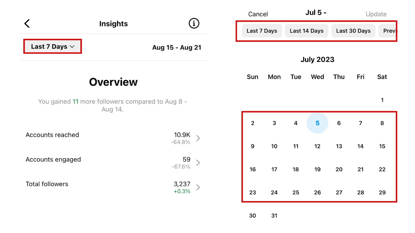 Select the desired time range in Insights