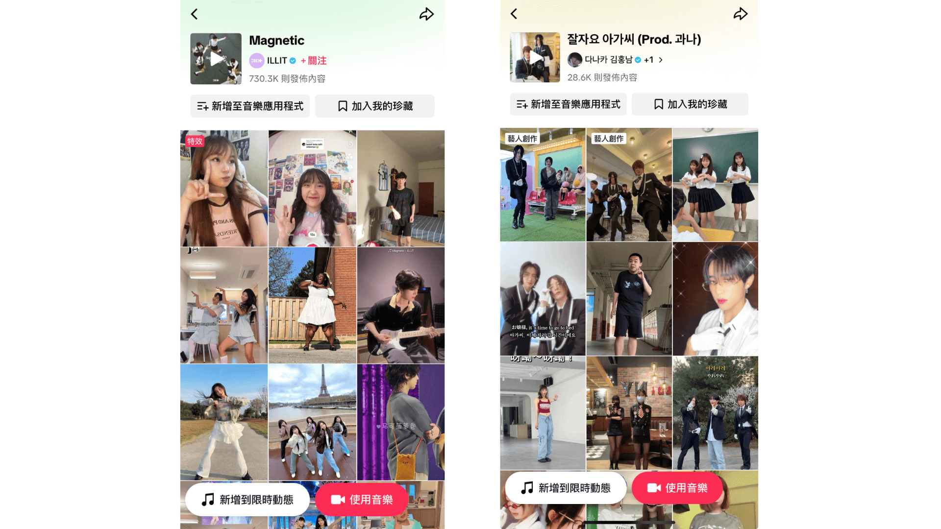 許多創作者會使用 TikTok 中的熱門音樂進行創作。