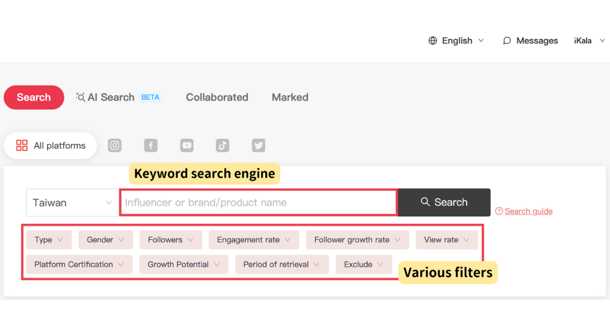 "Keyword Search Engine" and various filters available on the KOL Radar platform to accurately screen and select the most suitable KOLs that meet their needs.（Data source：KOL Radar ）